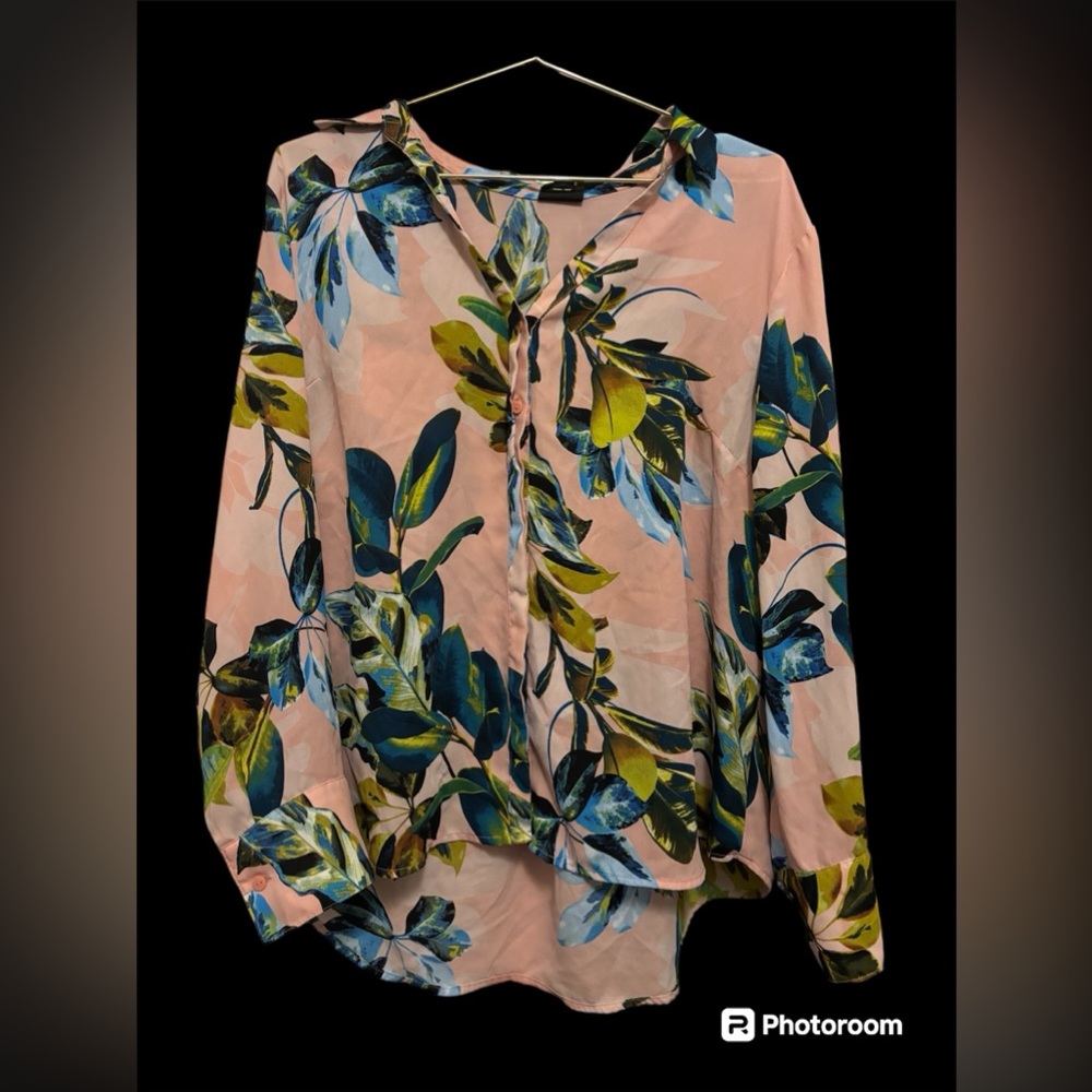 Worthington Sheer Button Up Pink Floral Long Sleeve Shirt Petite XLP